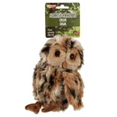Small brindle brown owl dog toy attached to a green cardboard backing with white text 'Forest Friends Ollie Owl' and smaller text saying 'Plush squeaky dog toy'