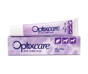 White background with a pale purple tube of Optixcare Eye Lube PLUS
 for cats and dogs, sat on top of it's matching box.