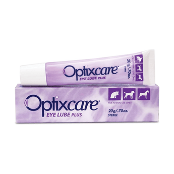 White background with a pale purple tube of Optixcare Eye Lube PLUS
 for cats and dogs, sat on top of it's matching box.