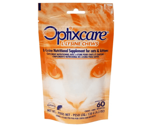 A package of Optixcare L-Lysine Chews for cats and kittens, featuring an orange and white design with a cat's face and eyes on the front.