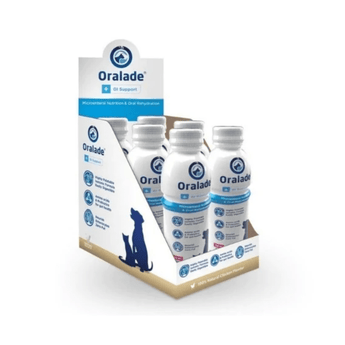 White background with a six pack of Oralade GI Support bottles. 