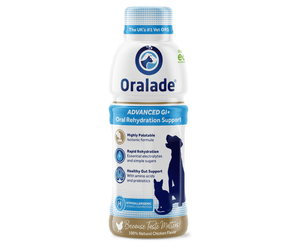 Oralade bottle for pets on a white background