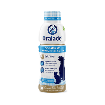 Oralade bottle for pets on a white background