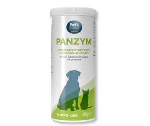 A white cylindrical plastic tub of Pet's Relief Panzym complementary feed for dogs and cats, featuring green text and a green silhouette of a dog and cat on a white background.
