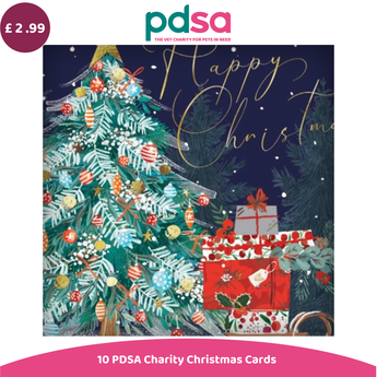 PDSA Charity Christmas cards featuring an illustrated Christmas tree, wrapped presents, and gold 'Happy Christmas' script on a dark blue background. A pink banner at the bottom reads '10 PDSA Charity Christmas Cards' and a purple price badge shows £2.