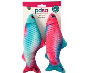 Two PSA brand fish-shaped cat toys with a pink and blue gradient design, shown hanging from their original retail packaging card.