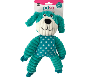 A plush dog chew toy with a teal and white corduroy design, attached to a white and pink PDSA pet toy retail header card, shown against a plain white background.