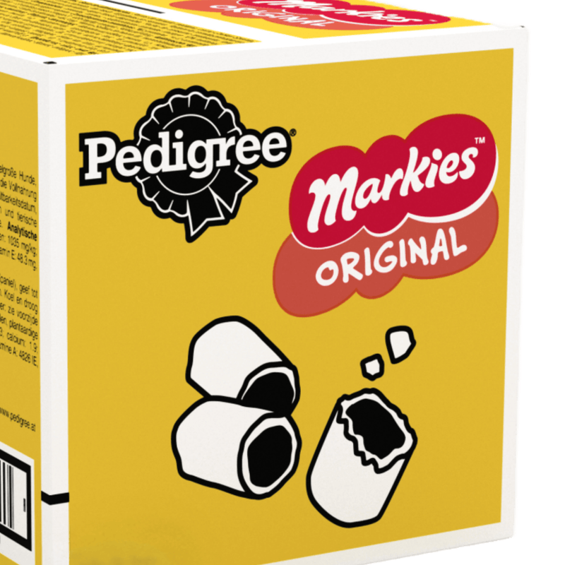 A close up of a Pedigree Markies Adult Dog Treat Biscuits 12.5kg box on a white background