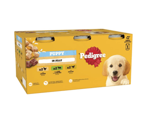 White background with a yellow box of Pedigree wet tinned puppy food, pictured on the front is a yellow Labrador puppy.
