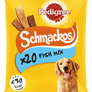 A close up of a packet of Pedigree Schmackos Dog Treats Fish Mix on a white background. 