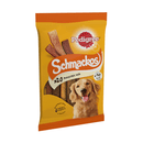 White background with a packet of Pedigree Schmackos 20 pack. On the packet is a picture of a golden retriever.