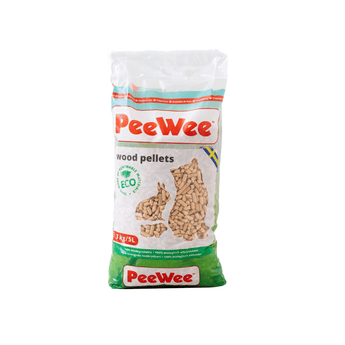 A 3kg bag of PeeWee wood pellets for rabbits and cats, featuring a white and green package with red branding and images of rabbit and cat silhouettes filled with the wood pellets.