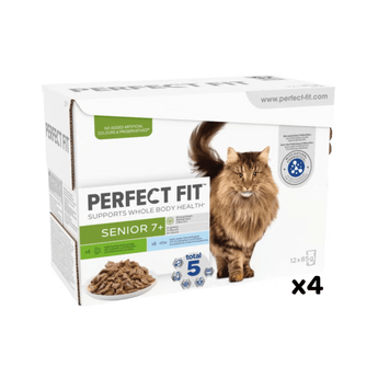 White background with a box of Perfect Fit Senior 7+ wet cat food with a long haired tabby cat pictured on the box. 