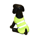 White background with a back view of a black model dog wearing a Hi Vis florescent jacket with grey reflective strips. 