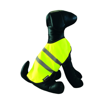 White background with a black model dog wearing a Hi Vis florescent jacket with grey reflective strips. 