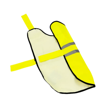 White background showing an open side of a High vis dog jacket with reflective strips and black trim. 