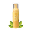 White background with a back view of a yellow pump bottle of Pet Head No-Rinse Foam for cats. On the bottle is illustrated lemons, leaves and strawberries with text 'No-Rinse Foam, Lemonberry with Lemon oil.'