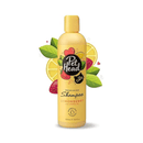 White background with a yellow bottle of Pet Head Nourishing shampoo for cats. On the bottle is illustrated lemons, leaves and strawberries with text 'Nourishing Shampoo, Lemonberry with Lemon oil.'. 