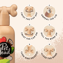 White background with a beige bottle of Pet Head Sensitive Soul shampoo for dogs, next to the bottle is a guide of how to open and use the bottle. 