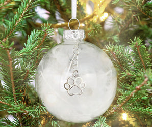 Pet Memorial Feather Filled Glass Bauble With Paw Print Charm
