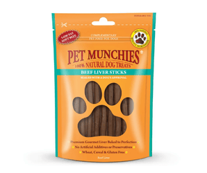 A package of Pet Munchies Natural Dog Treats, Beef Liver Sticks, in an orange stand-up pouch with a pink side border and a clear window showing the brown sticks inside.