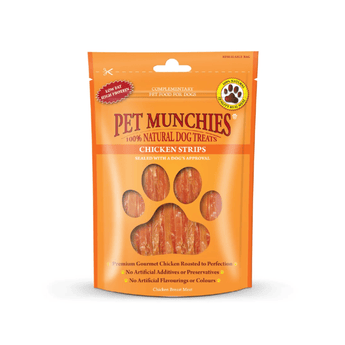 A stand-up pouch of Pet Munchies Chicken Strips dog treats on a plain white background. The packaging is bright orange with a large paw-shaped window showing the chicken strips inside.