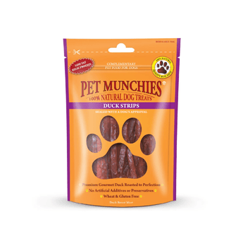 A stand-up pouch of Pet Munchies Duck Strips dog treats on a plain white background. The packaging is bright orange with a large paw-shaped window showing the duck strips inside.