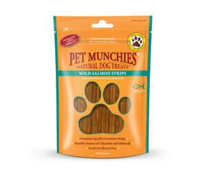 A stand-up pouch of Pet Munchies Salmon Strips dog treats on a plain white background. The packaging is bright orange with a large paw-shaped window showing the salmon strips inside.