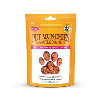 A stand-up pouch of Pet Munchies Salmon training dog treats on a plain white background. The packaging is bright orange with a large paw-shaped window showing the salmon training treats inside.