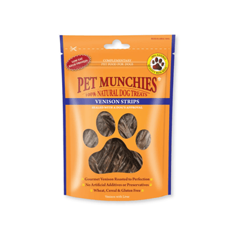 A stand-up pouch of Pet Munchies Venison Strips dog treats on a plain white background. The packaging is bright orange with a large paw-shaped window showing the venison strips inside.