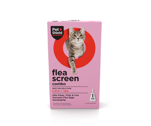 Pet Shield flea screen combo for cats packaging on a white background