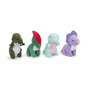 A group picture of four plush dinosaur dog toys in various colour and designs. 