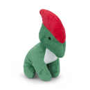 A green dinosaur plush toy with a red horn detail on it's head on a white background. 