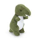 A green dinosaur plush toy a white belly and felt teeth detail on a white background. 