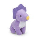 A purple dinosaur plush toy with dark purple frill detail on it's head and yellow nose on a white background.