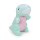A mint green dinosaur plush toy with a pink belly and large white mouth on a white background. 