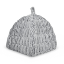 Side view of grey plush igloo pet bed  on a white background. 