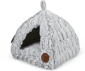 Grey plush igloo pet bed with a brown circle tag with 'PF' written on it on a white background. 