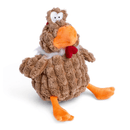 Brown Chicken dog toy with orange beak and feet, red comb and wattle sat on a white back ground. 