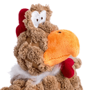 Close up of brown chicken dog toy with orange beak, red comb and wattle sat on a white back ground. 