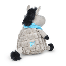 Back view of grey donkey dog toy with back mane, tail and hoofs wearing a blue neckerchief, stitch detail of 'PF' on back sat on a white background. 