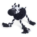 Black and white cow dog toy with twisted rope for legs and a micro fibre black body on a white background. 