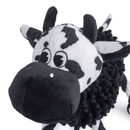 Close up of black and white cow dog toy's face with twisted rope for legs and a micro fibre black body on a white background. 