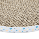 Close up of heart shaped corrugated cardboard scratcher with multicoloured star details around the outside on a white background. 