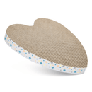Heart shaped corrugated cardboard scratcher with multicoloured star details around the outside on a white background. 