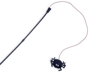 Black spider cat toy on a fishing-style rod with stitched eye and smile details. On a white background. 
