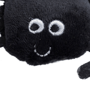 Close up of face of black spider cat toy with stitched eye and smile details. On a white background. 