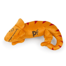 Orange plush Chameleon Cat toy lay on it's side with red stripe and eye and smile stitch details. Belly stitch detail of text 'PF' visible on a white background. 