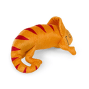 Back view of Orange plush Chameleon Cat toy with red stripe and eye and smile stitch details on a white background. 