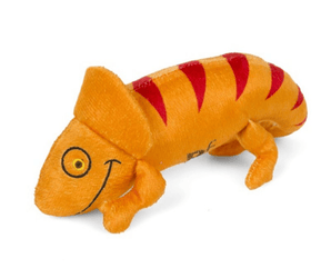 Orange plush Chameleon Cat toy with red stripe and eye and smile stitch details on a white background. 